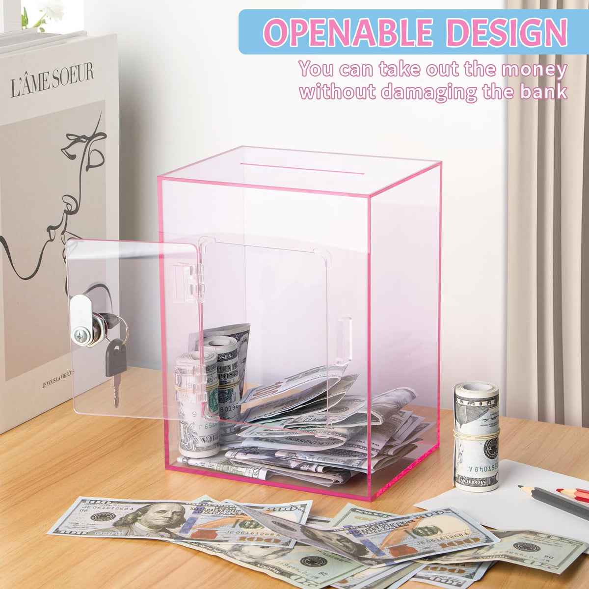 Kozsort pink acrylic bank is a festive gift for kids or adults.