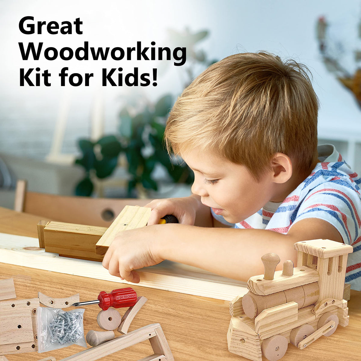 Kids assemble with real tools, practicing focus and fine motor skills