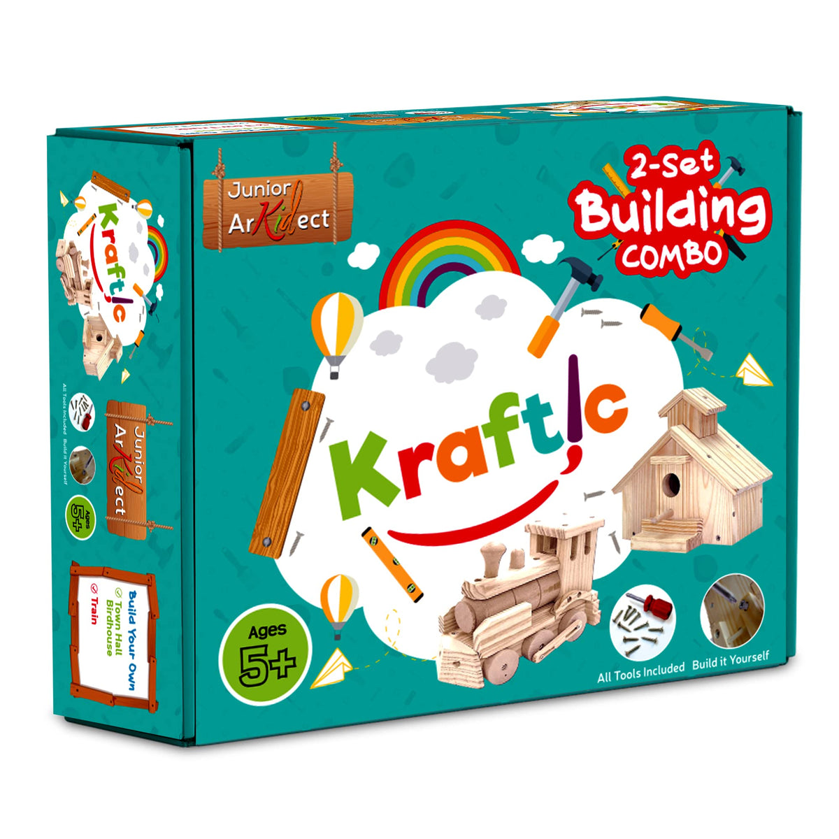Finished Kraftic town hall, birdhouse, and train showcase craftsmanship