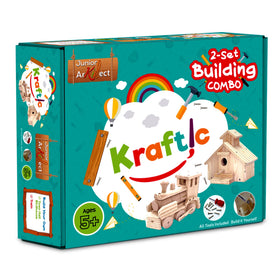 Finished Kraftic town hall, birdhouse, and train showcase craftsmanship