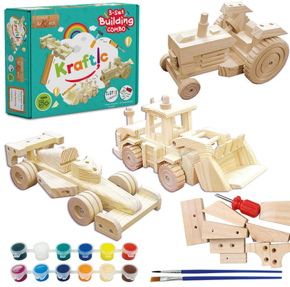 Kraftic Tractor Kit: durable wood parts for kid-friendly DIY construction.