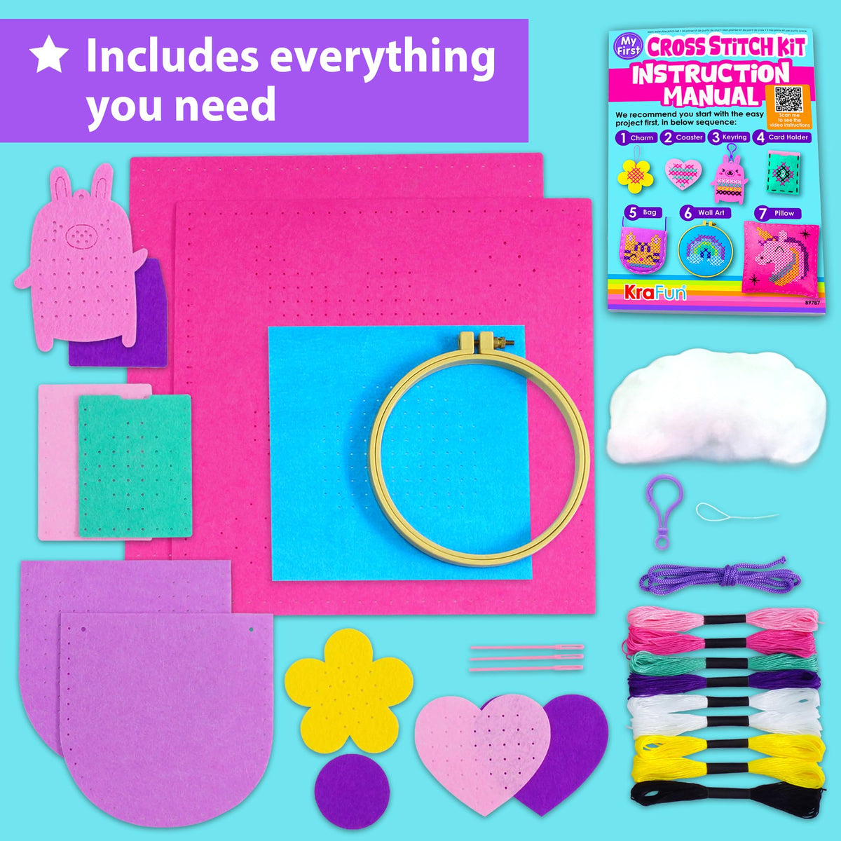 KRAFUN cross stitch kit bag project, easy DIY craft for kids