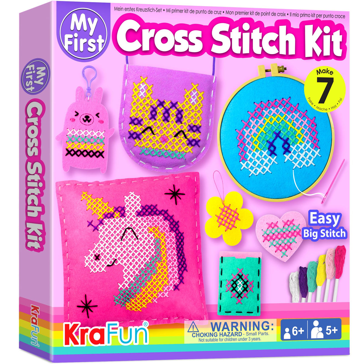 KRAFUN cross stitch kit keyring project for kids, developing fine motor skills