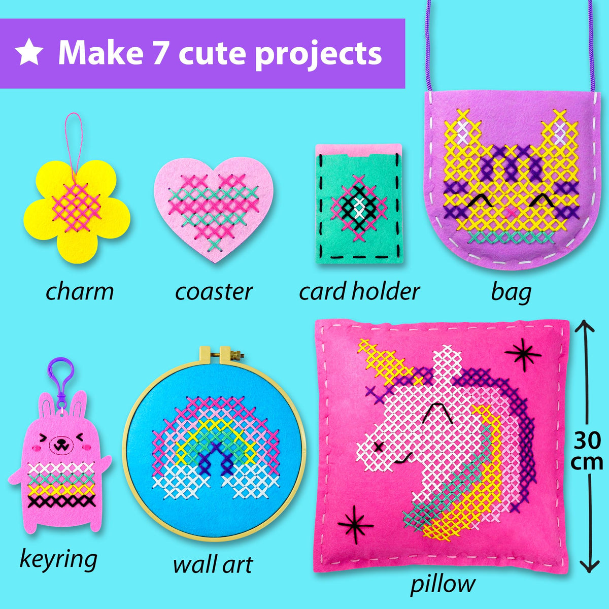 KRAFUN cross stitch kit pillow project, colorful home décor for kids