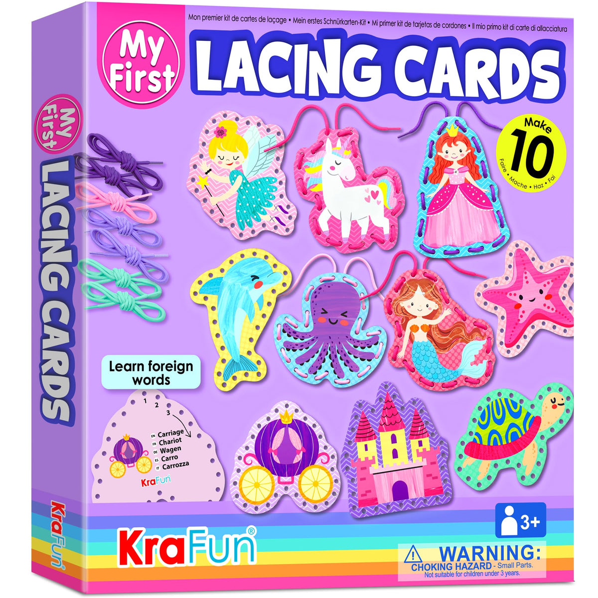KRAFUN Beginner Unicorn Lacing Card set for fine motor practice and creativity.