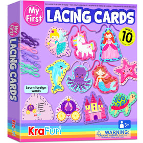 KRAFUN Beginner Unicorn Lacing Card set for fine motor practice and creativity.