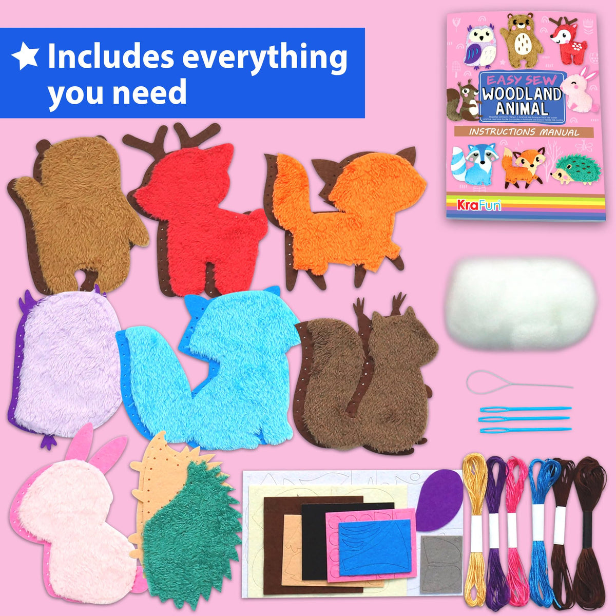 KRAFUN kit with woodland animals shows eight beginner projects for creative play