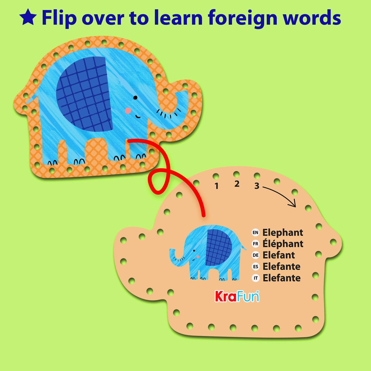KRAFUN lion card close-up showing sturdy lacing for toddlers