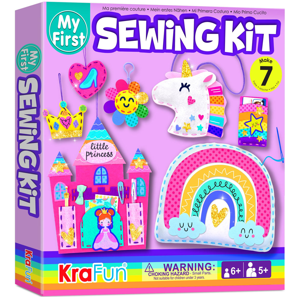KRAFUN My First Sewing Kit unicorn project fosters fine motor skills and creativity.