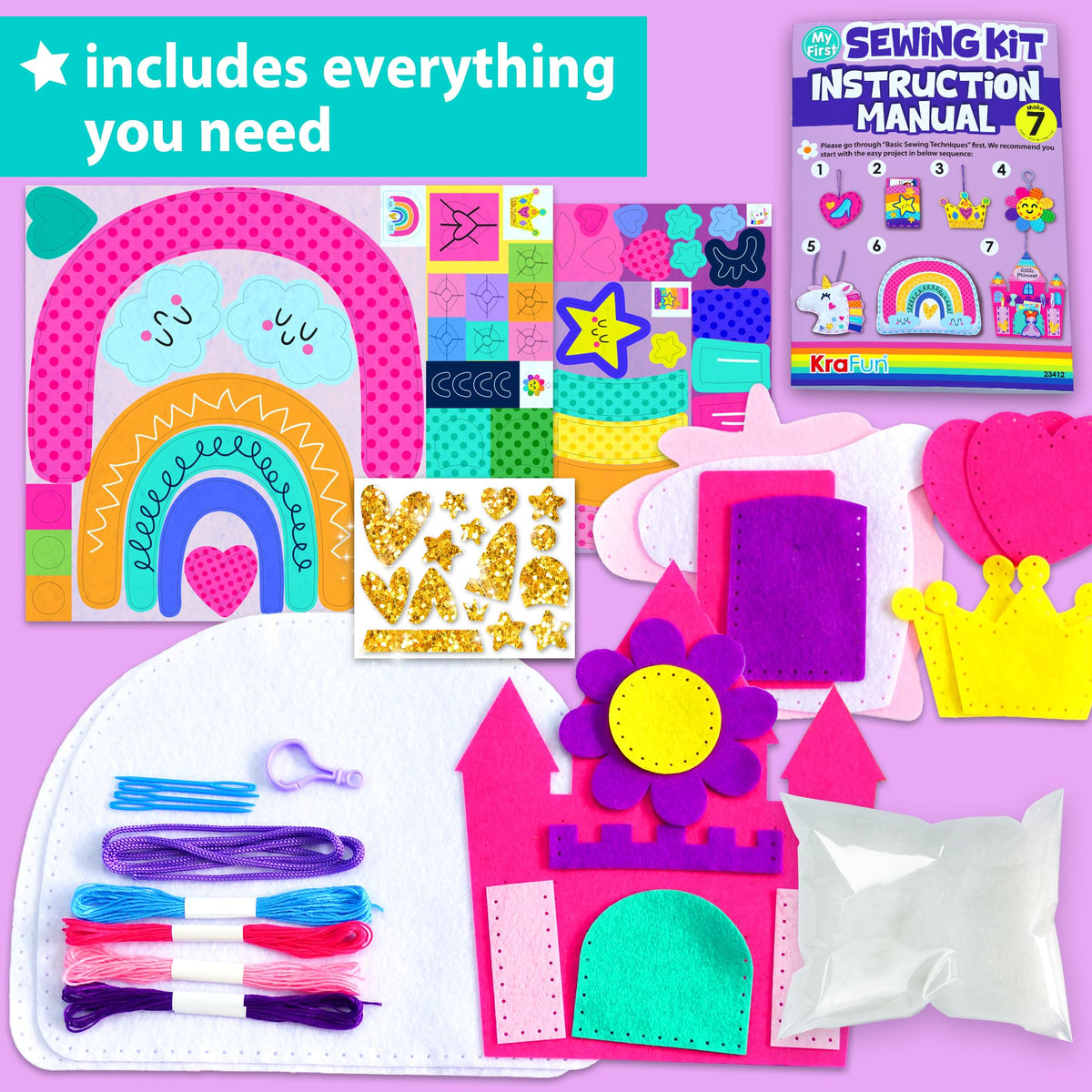 KRAFUN My First Sewing Kit rainbow project inspires color coordination through hands-on crafting.