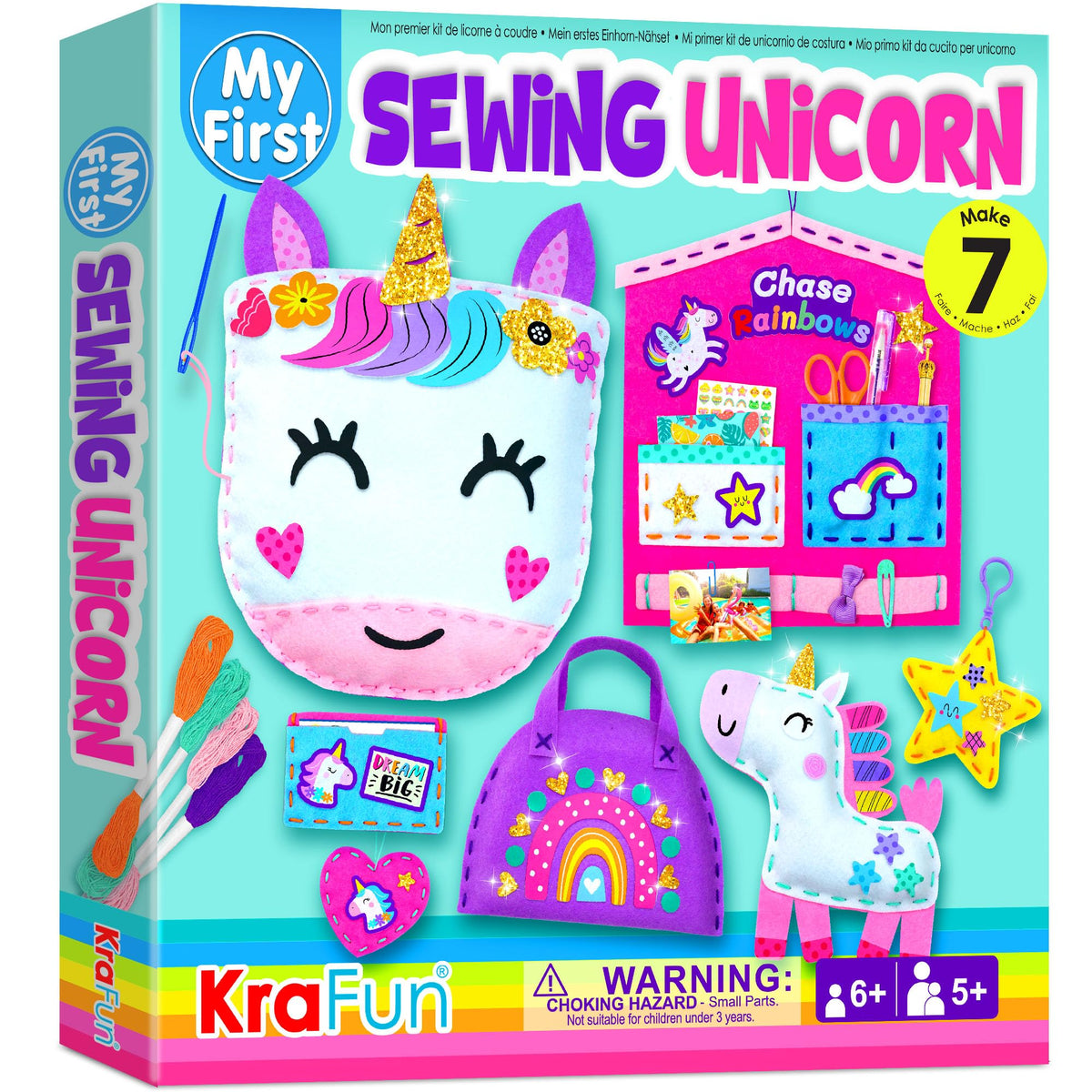 KRAFUN My First Unicorn kit box opened with beginner sewing tools included.