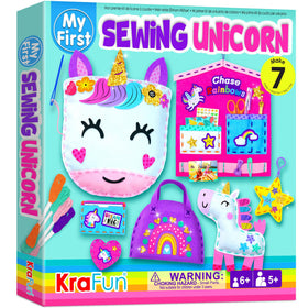 KRAFUN My First Unicorn kit box opened with beginner sewing tools included.