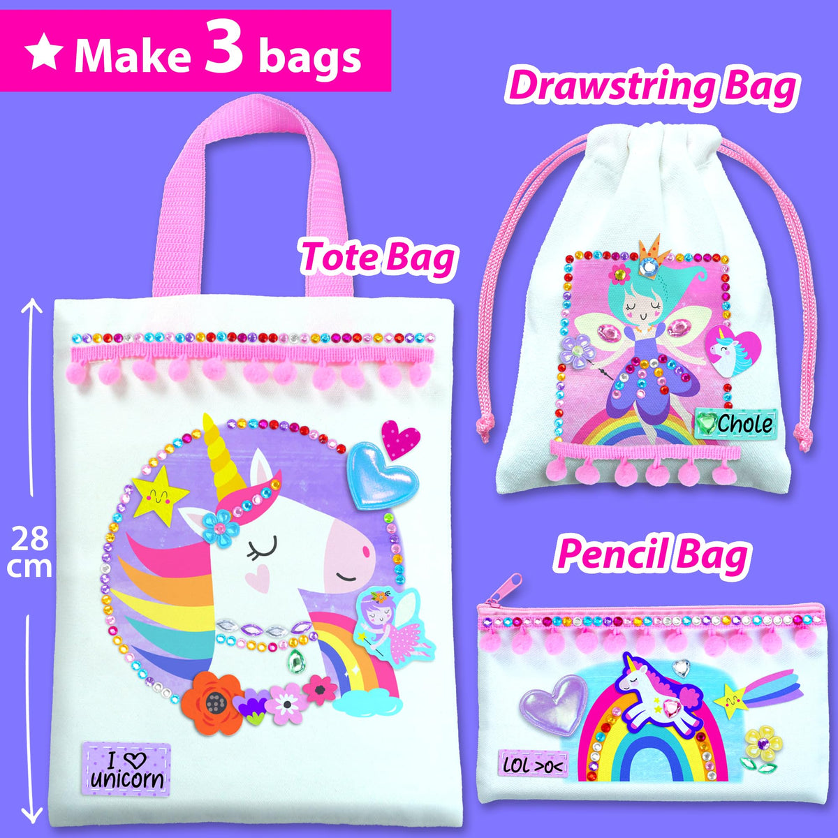 KRAFUN assorted sparkling gems add playful shine to bags.