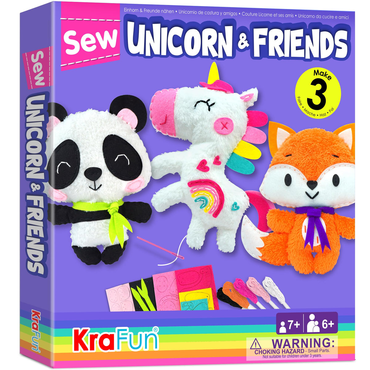 KRAFUN unicorn beginner sewing kit with unicorn doll craft, ideal for learning to sew safely