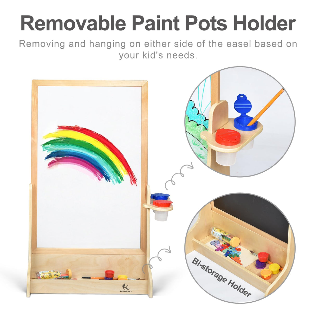 KRAND dual-compartment base storage keeps art supplies organized and within reach.