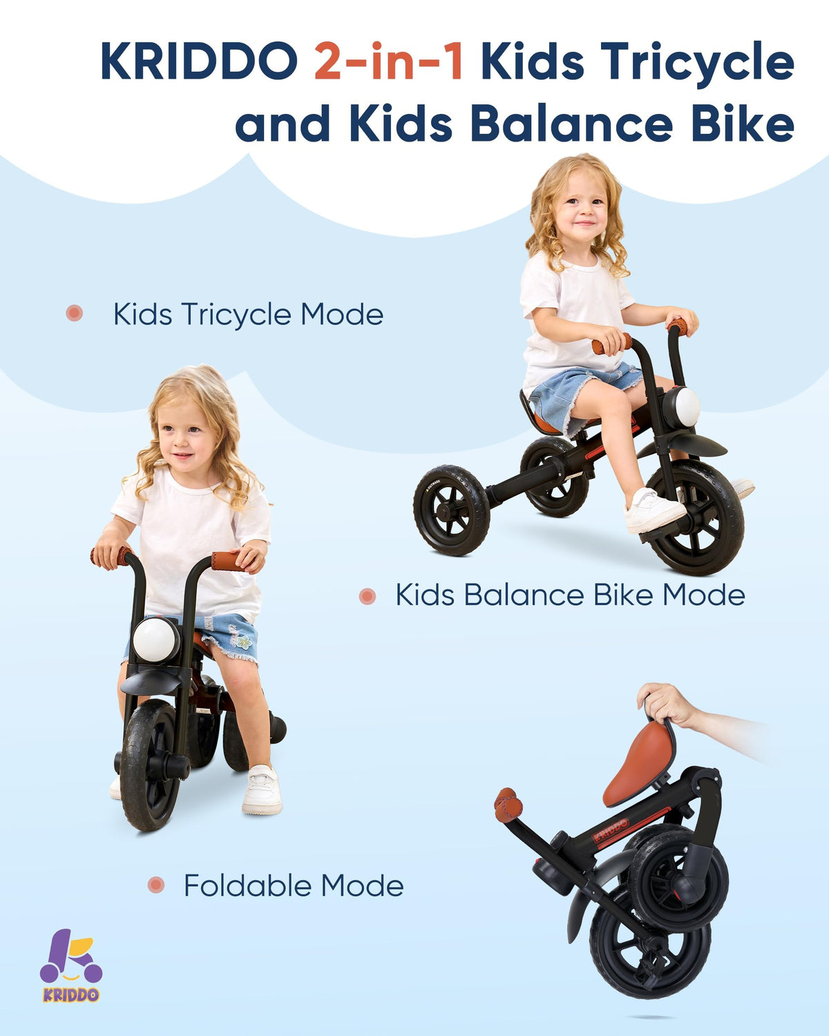 KRIDDO 2-in-1 balance bike-tricycle folded in two steps for easy storage.