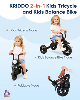 KRIDDO 2-in-1 balance bike-tricycle folded in two steps for easy storage.