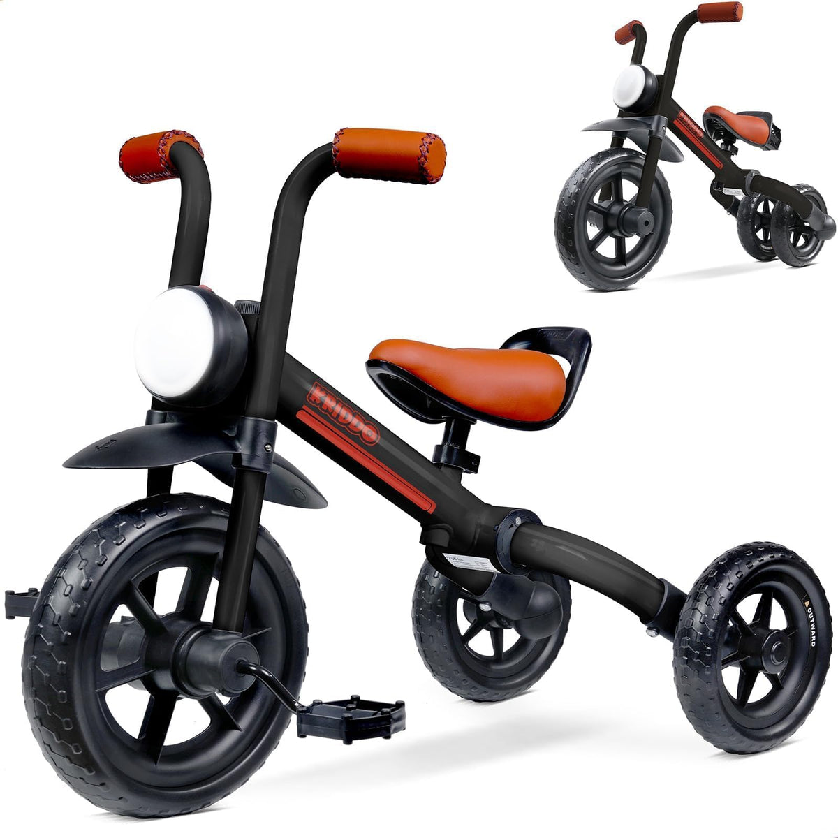 KRIDDO 2-in-1 balance bike and tricycle front view supports growing riders.