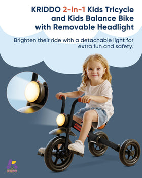KRIDDO balance bike-trike with pedal storage under rear seat.