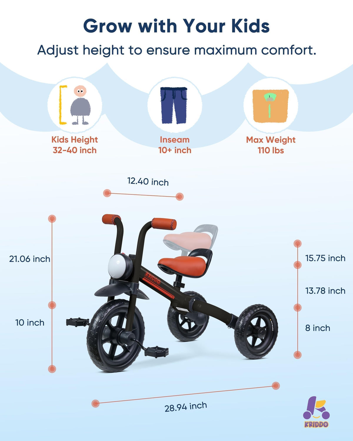 KRIDDO 2-in-1 bike-trike with stitched soft grip for comfort.