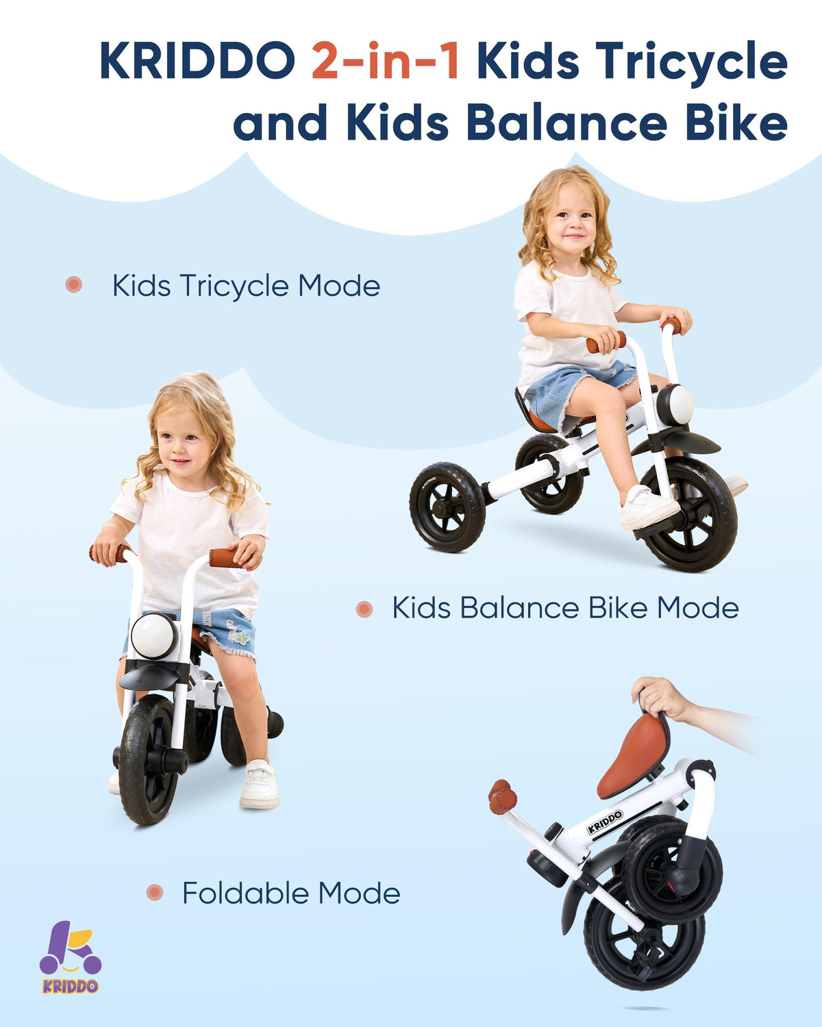 KRIDDO balance bike in tricycle mode from the back, offering stability