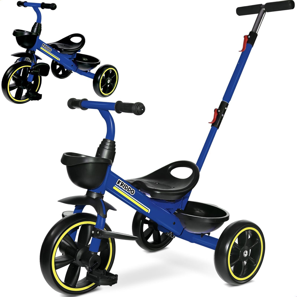 KRIDDO 2-in-1 toddler tricycle with extended push handle for easy parent pushing