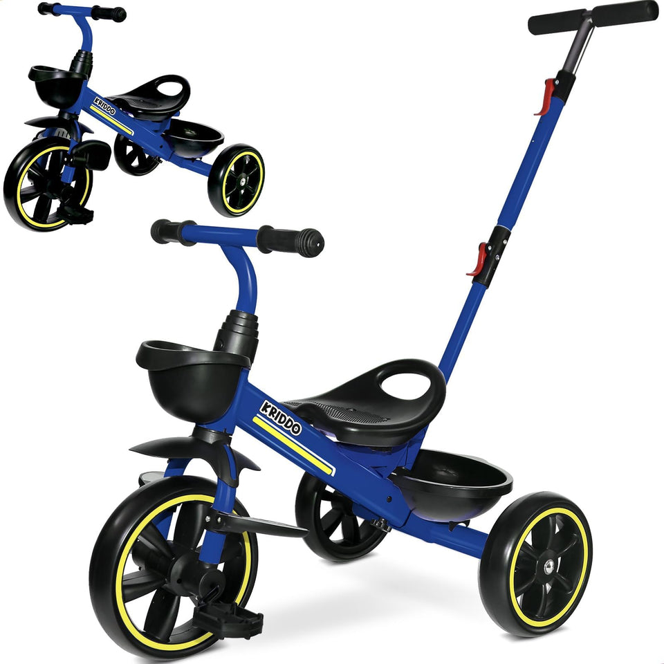 KRIDDO 2-in-1 toddler tricycle with extended push handle for easy parent pushing