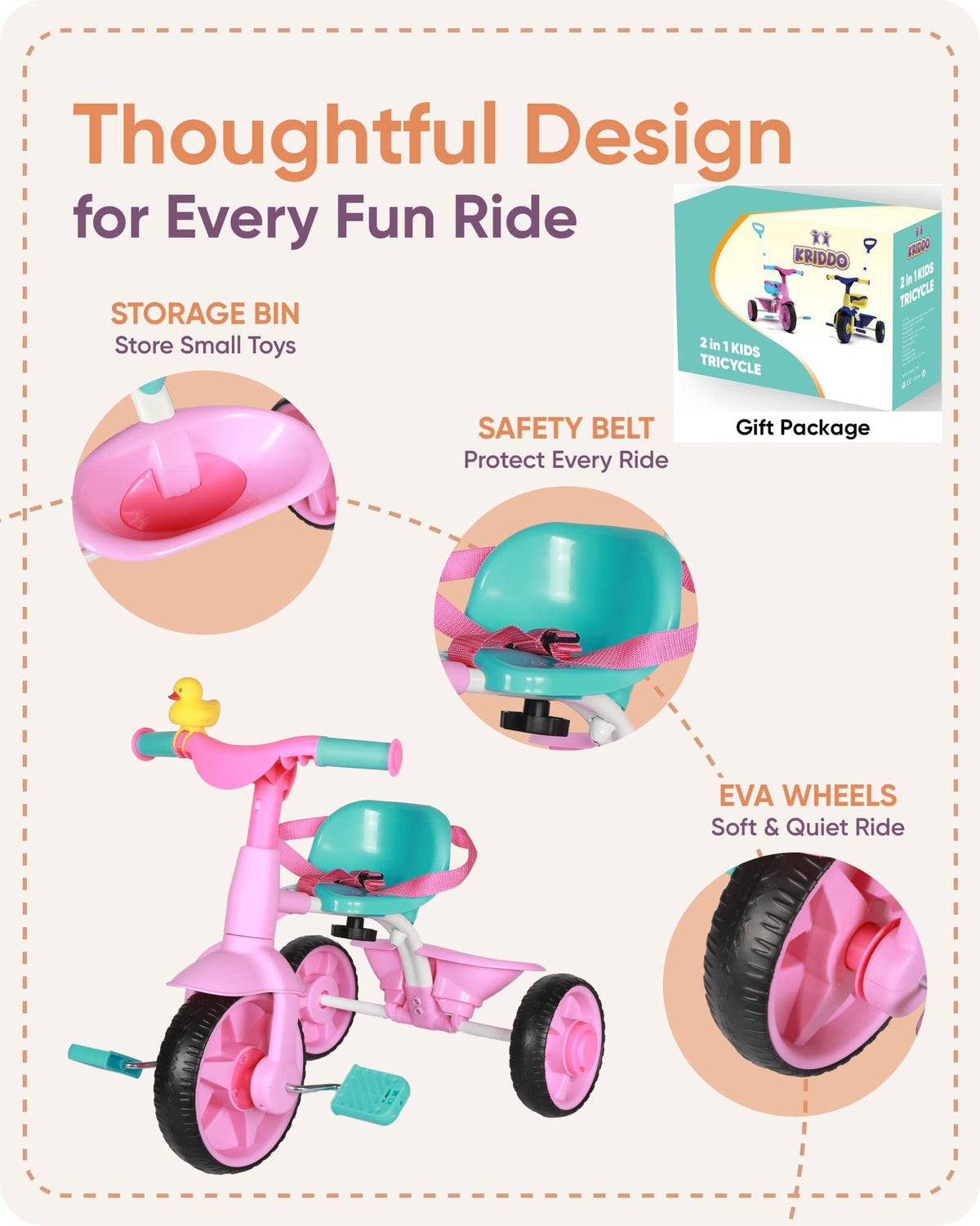 KRIDDO pink 2-in-1 tricycle adjustable push handle for guided riding