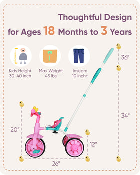 KRIDDO pink 2-in-1 tricycle ready for first rides and growing skills
