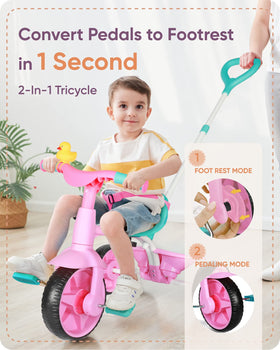 KRIDDO 2-in-1 pink tricycle back storage bucket for toys on adventures