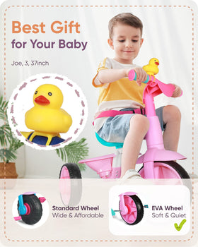 KRIDDO pink tricycle with soft rubber duck bell for playful rides