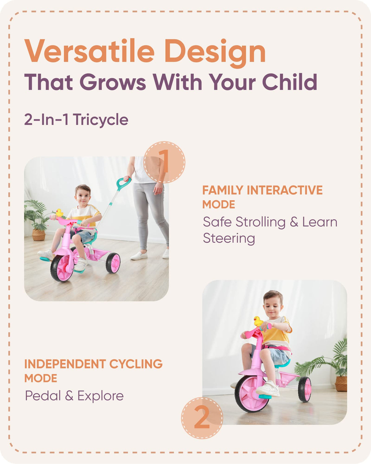 KRIDDO pink tricycle with unhooked pedals for simple parent control