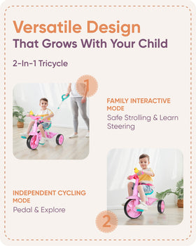 KRIDDO pink tricycle with unhooked pedals for simple parent control