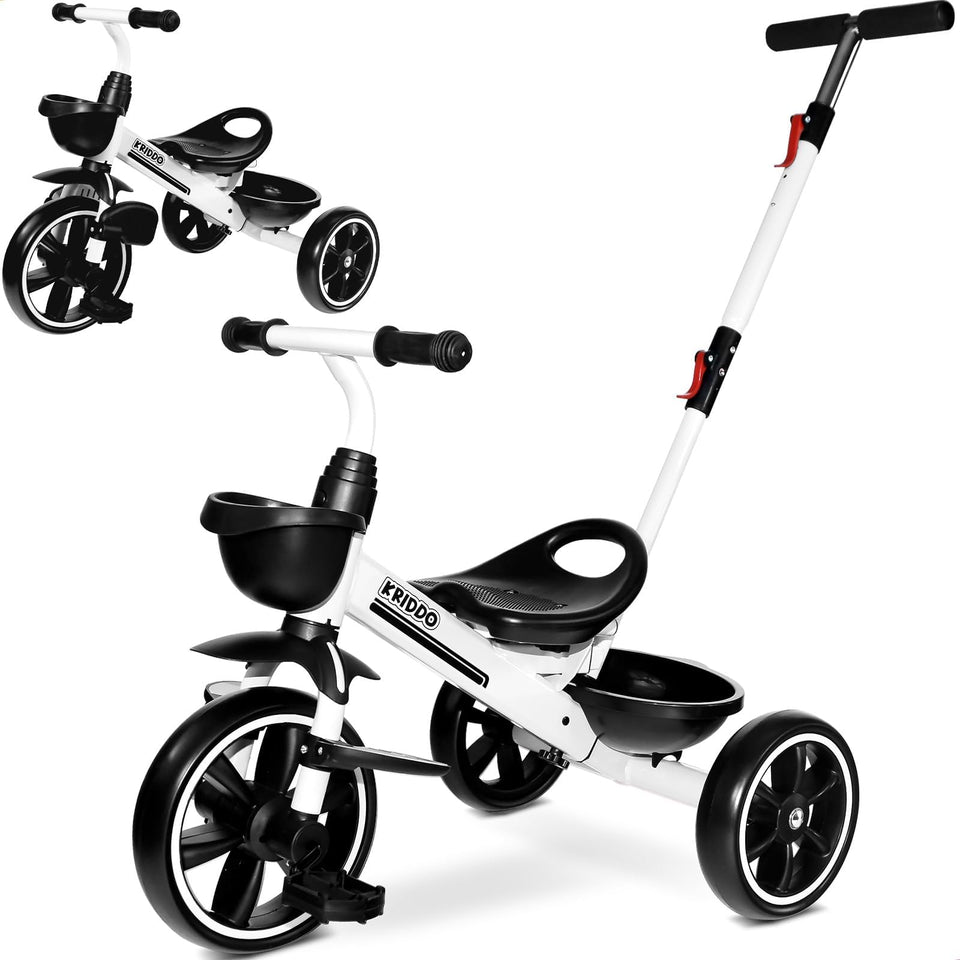 KRIDDO 2-in-1 toddler tricycle with extended push handle for easy parent-guided outings.