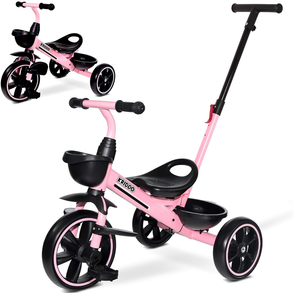 KRIDDO 2-in-1 toddler tricycle with push-handle for easy parent-guided rides.