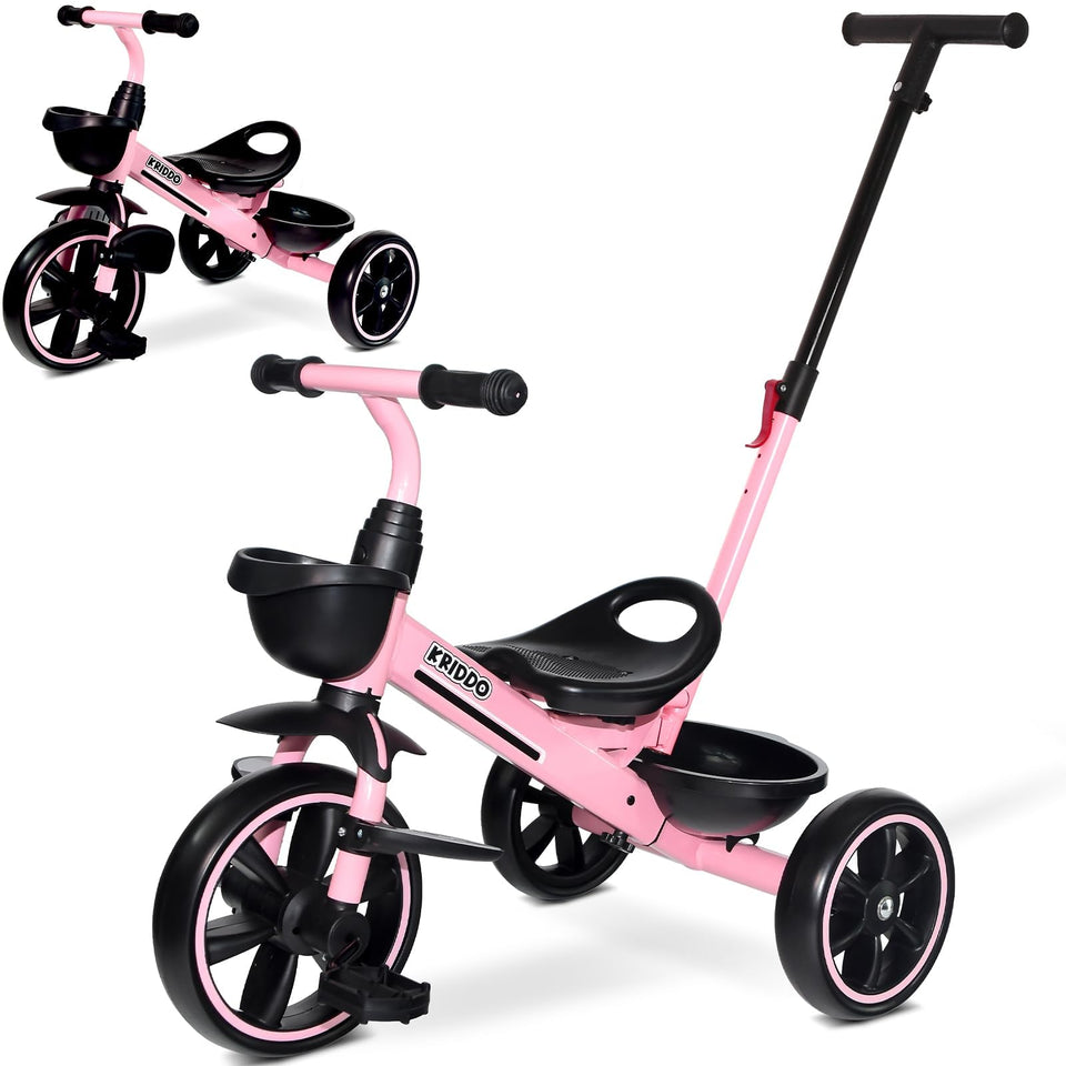 KRIDDO 2-in-1 toddler tricycle with push-handle for easy parent-guided rides.