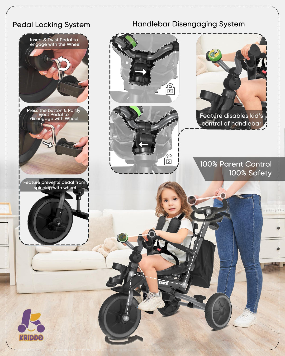 KRIDDO 5-point harness keeps little rider secure