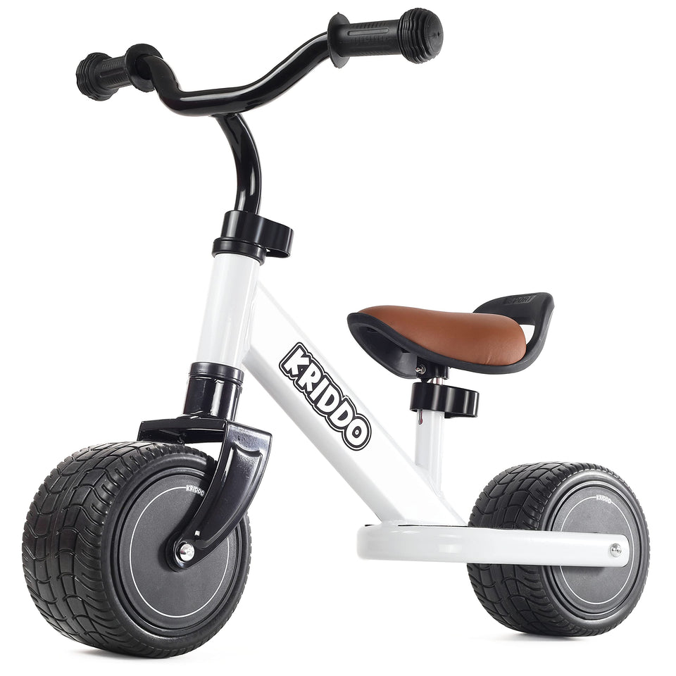 KRIDDO Baby Balance Bike front view shows sturdy frame for safe toddler exploration.