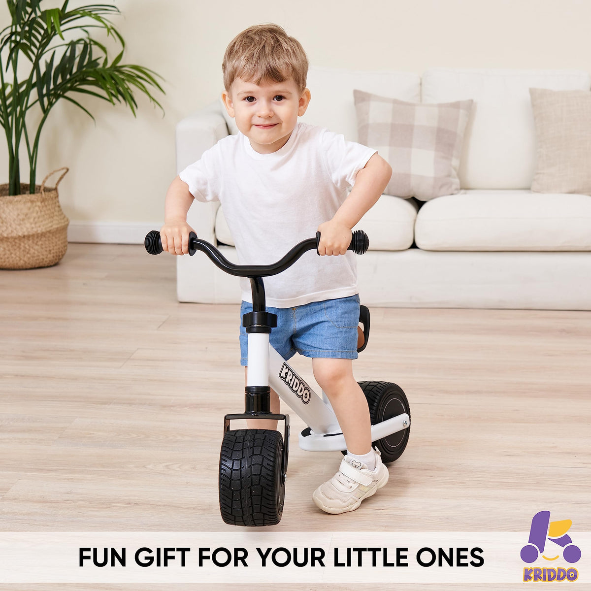 KRIDDO Baby Balance Bike seat and handlebars with non-slip grip for comfortable rides.