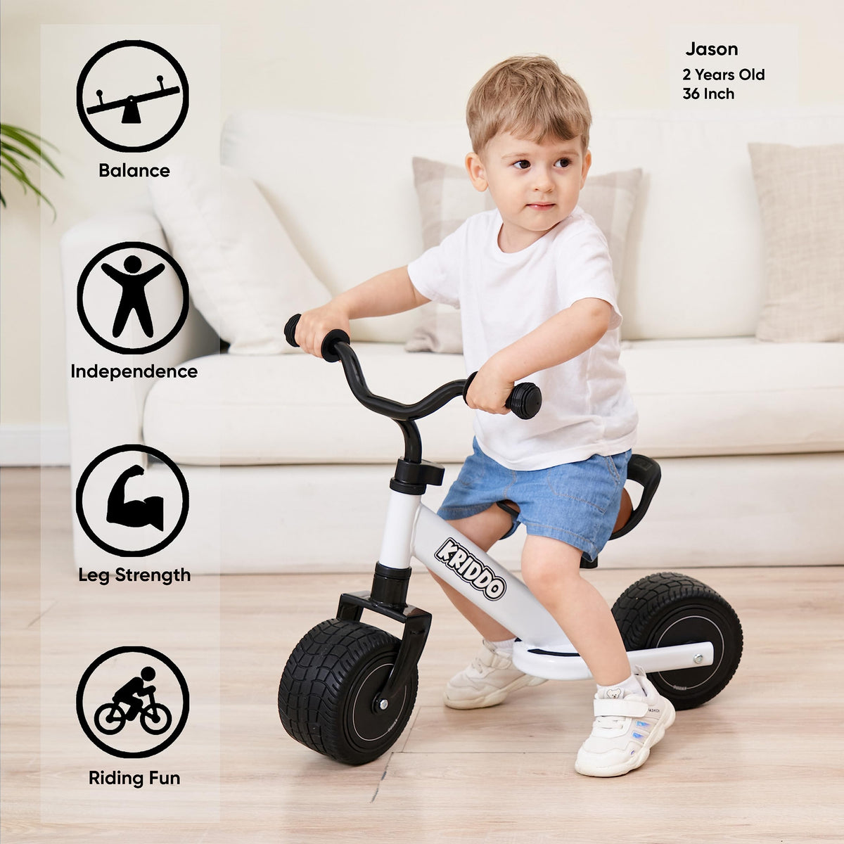 KRIDDO Baby Balance Bike side view highlights low height for easy mounting and balance.