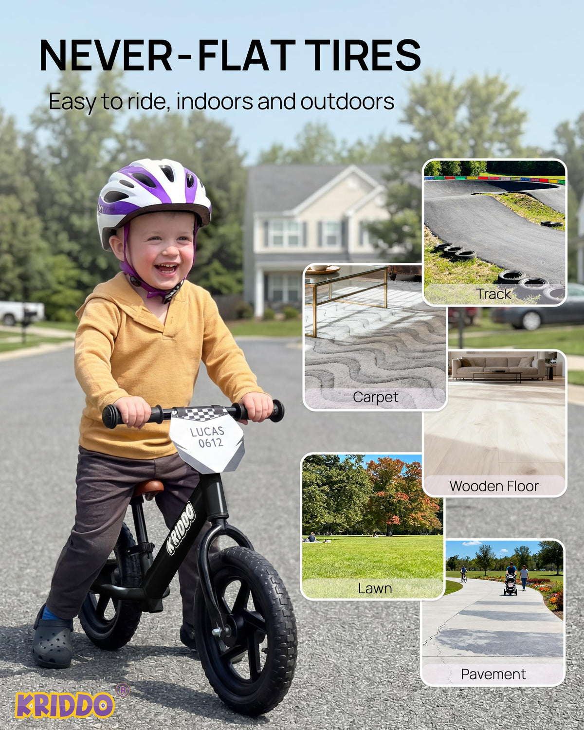 KRIDDO balance bike with adjustable height via quick-release for growing kids