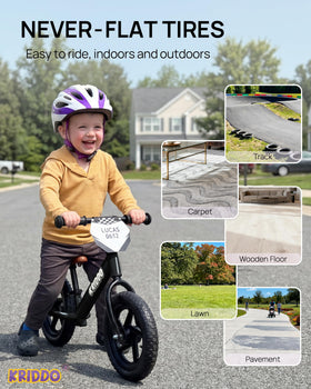 KRIDDO balance bike with adjustable height via quick-release for growing kids