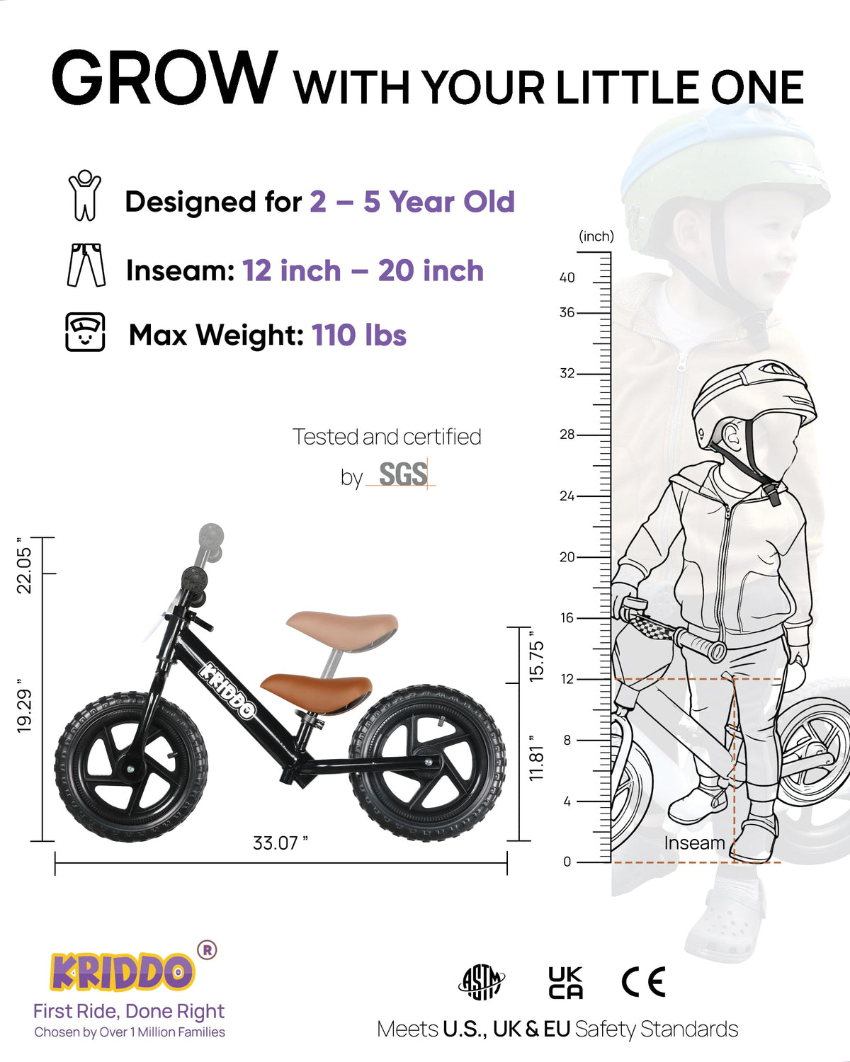 KRIDDO balance bike with soft PU seat for comfortable practice sessions