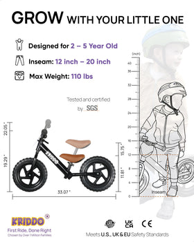 KRIDDO balance bike with soft PU seat for comfortable practice sessions