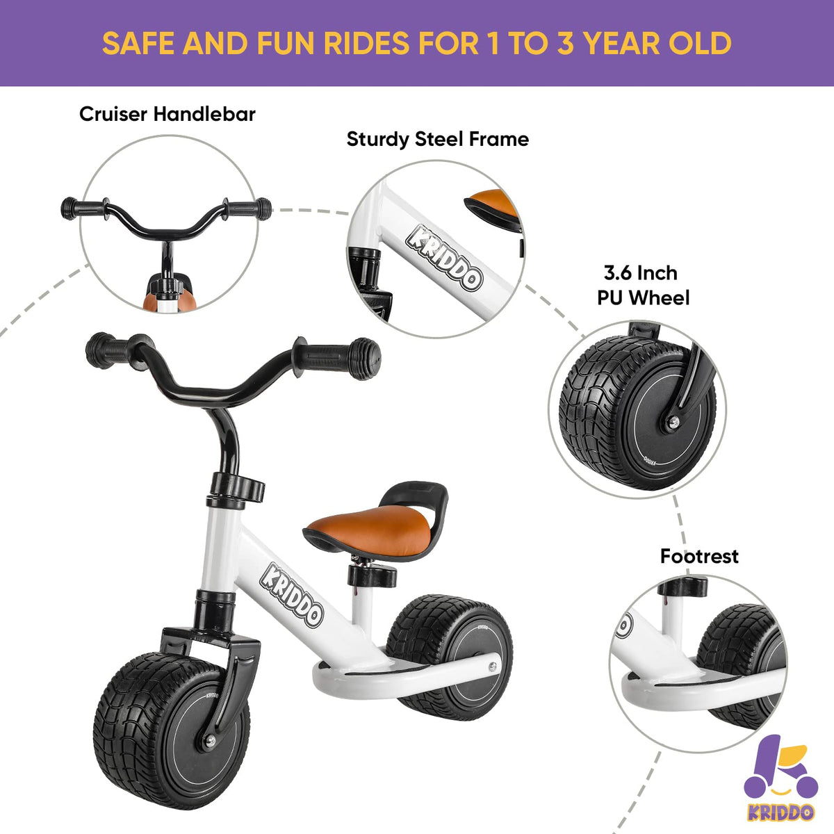 KRIDDO Balance Bike wide PU wheel demonstrates stability on outdoor surfaces.