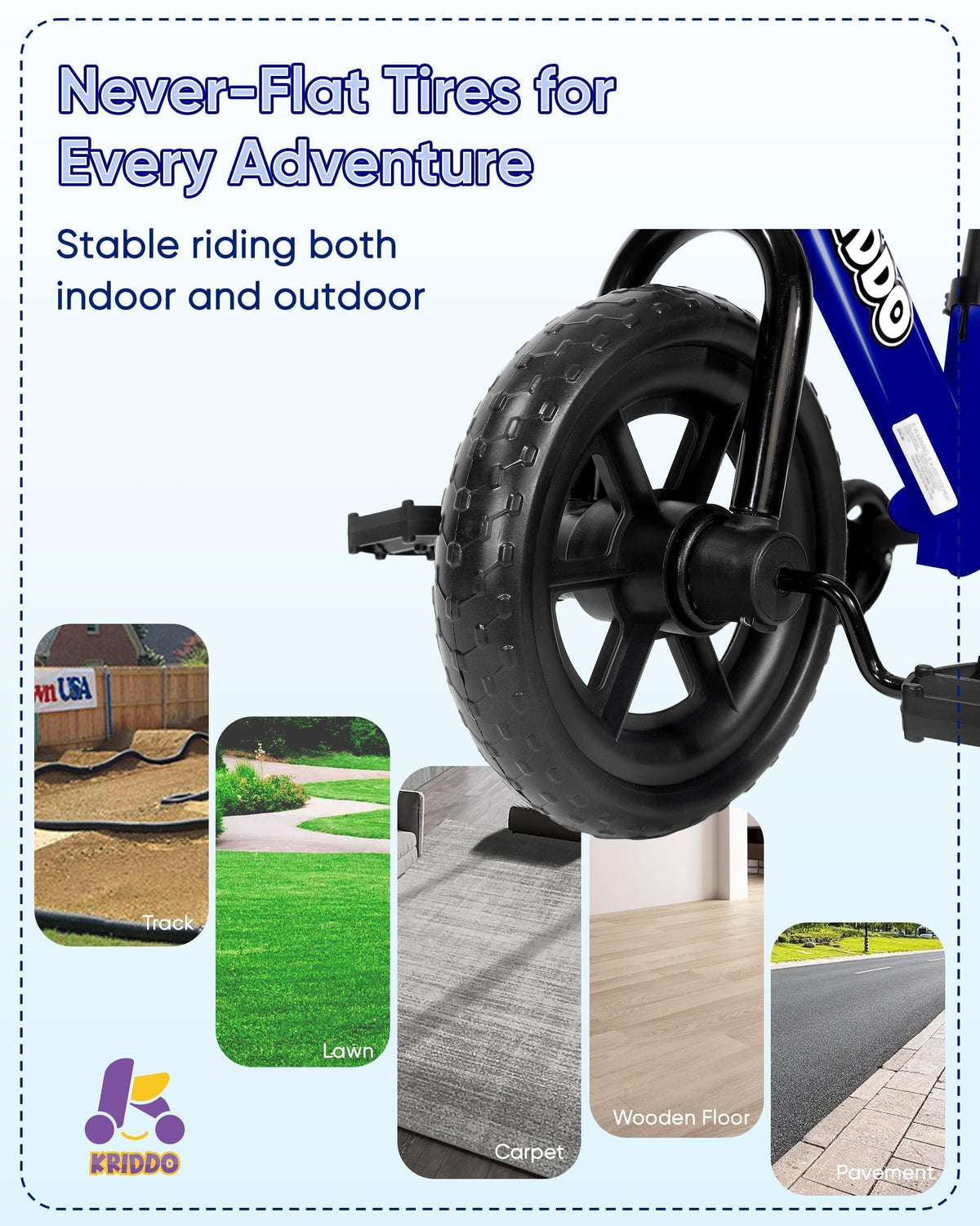 KRIDDO compact blue kids bike suitable for ages 18 months to 3 years.