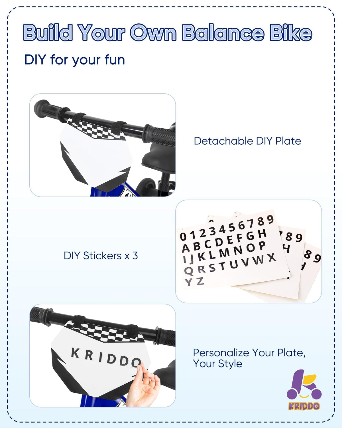 KRIDDO customizable plate for DIY bike styling and personalization.