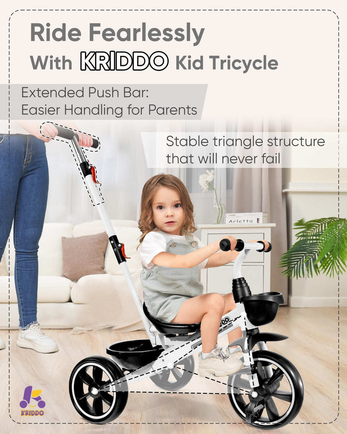 KRIDDO foldable front footrest helps grow with your child during rides.