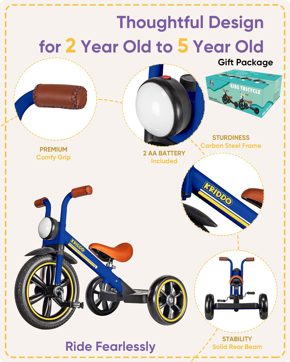 KRIDDO Kids 12-Inch Tricycle adjustable seat grows with your child.