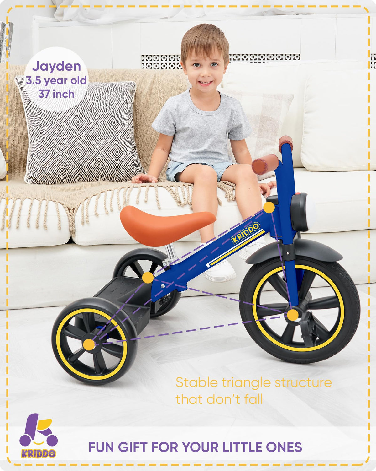 KRIDDO Kids 12-Inch Tricycle front light enhances visibility during dusk rides.